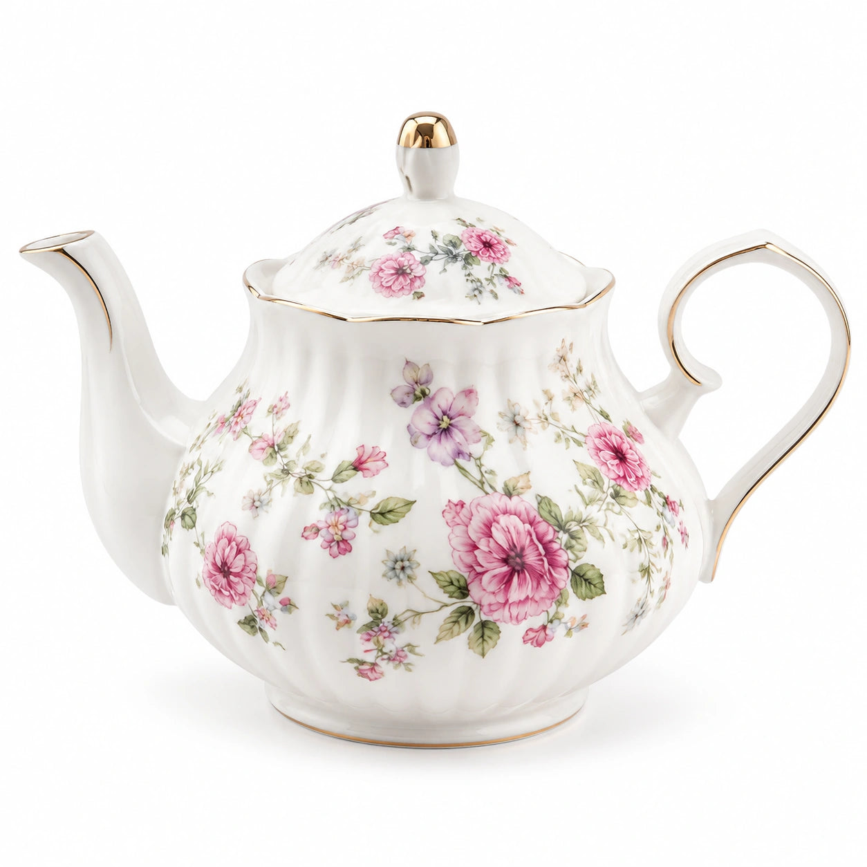 Teiera in porcellana 1200 ml bianca con fiori rosa e dettagli dorati - stile classico