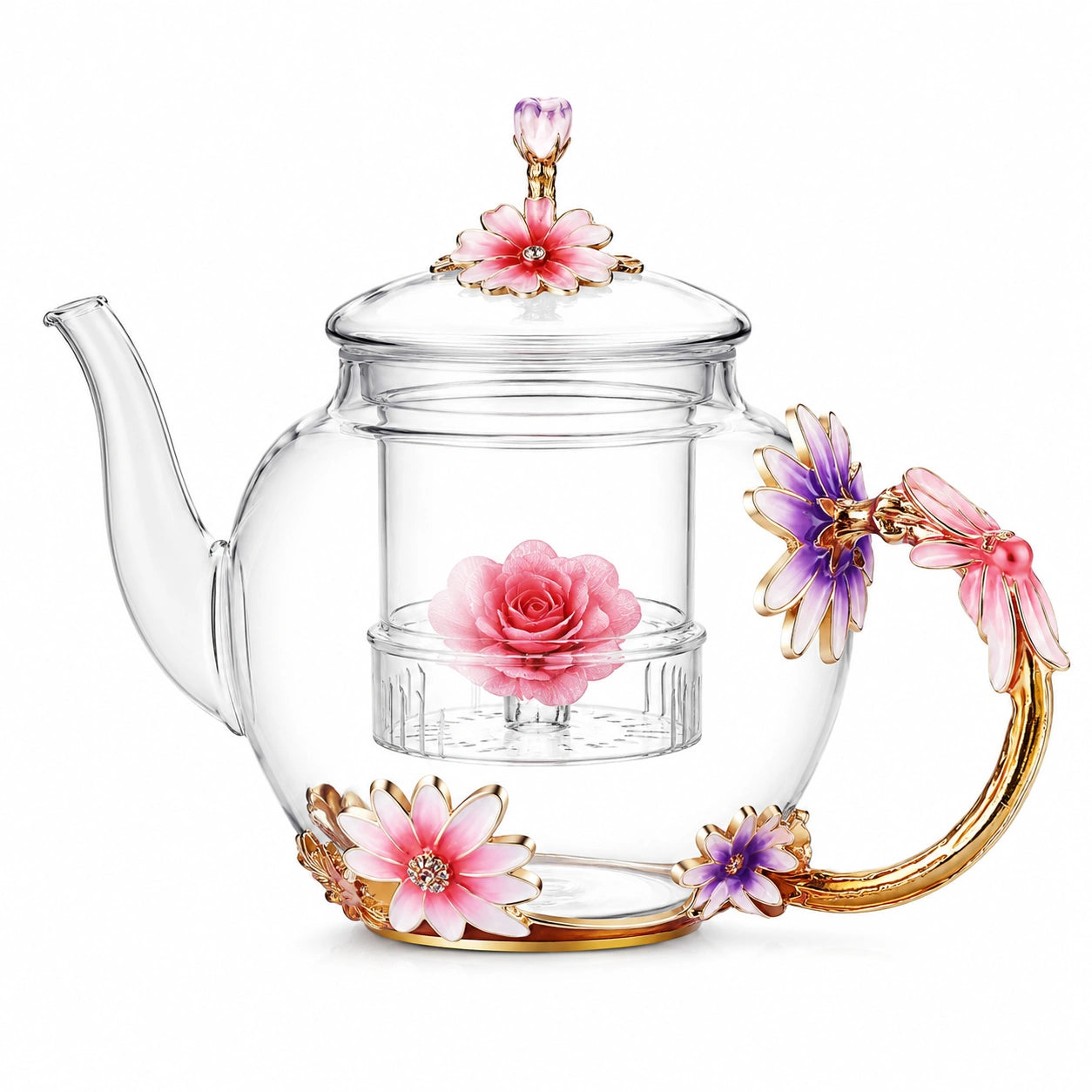 Teiera in vetro 800 ml 19 x 12 x 18 cm trasparente con filtro removibile e decori floreali