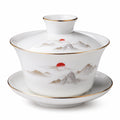 Tazza Gaiwan 150 ml in porcellana bianca con decoro paesaggio e bordo dorato