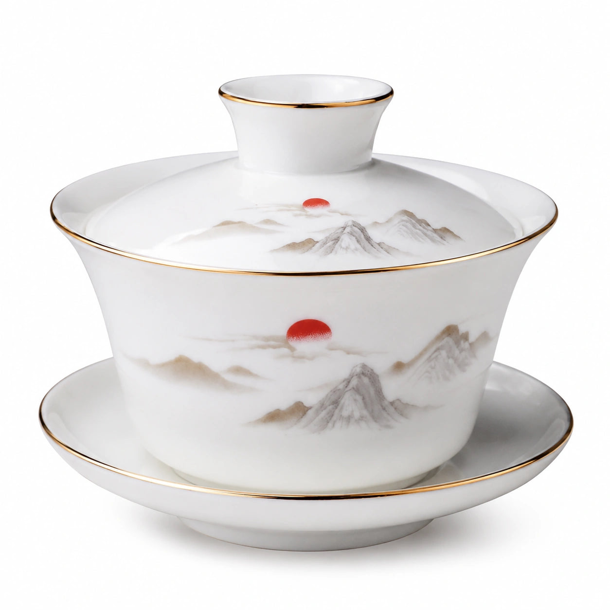Tazza Gaiwan 150 ml in porcellana bianca con decoro paesaggio e bordo dorato