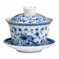 Tazza Gaiwan in porcellana 150 ml bianco e blu con decoro floreale - set da tè con coperchio e piattino