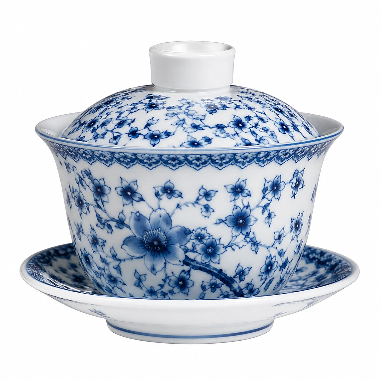 Tazza Gaiwan in porcellana 150 ml bianco e blu con decoro floreale - set da tè con coperchio e piattino