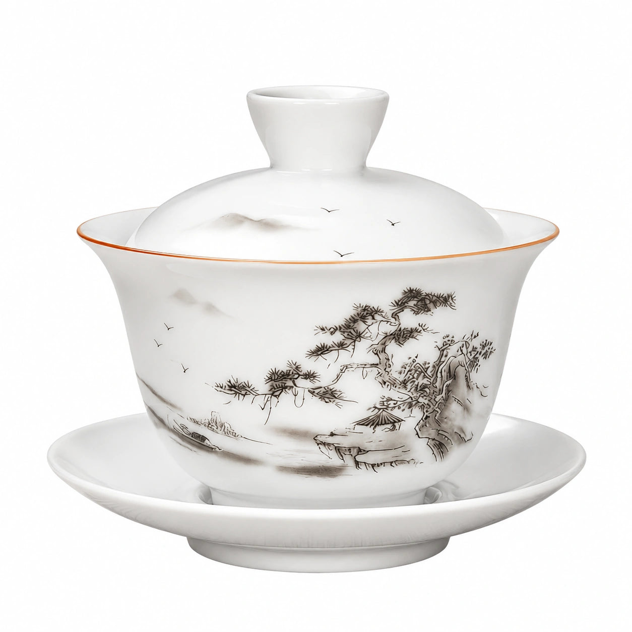 Tazza Gaiwan in Porcellana Bianca 180 ml con Piattino e Coperchio per Tè - Decorazione Paesaggio