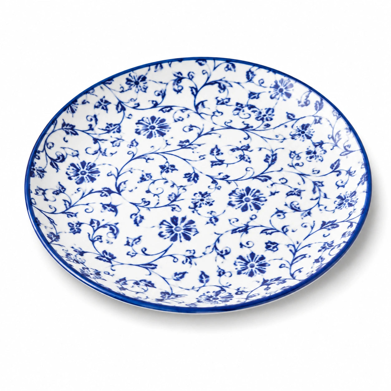 Piatto piano rotondo 27 cm in ceramica bianco e blu con motivo floreale