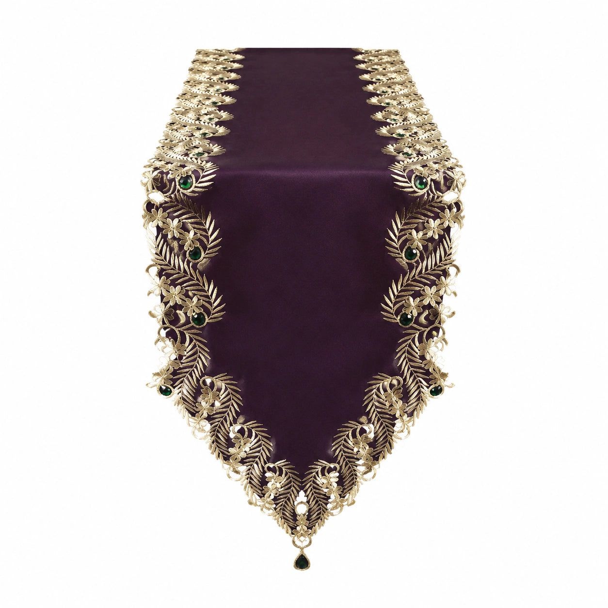 Runner da tavola 180 x 33 cm in tessuto sintetico viola con pizzo dorato floreale