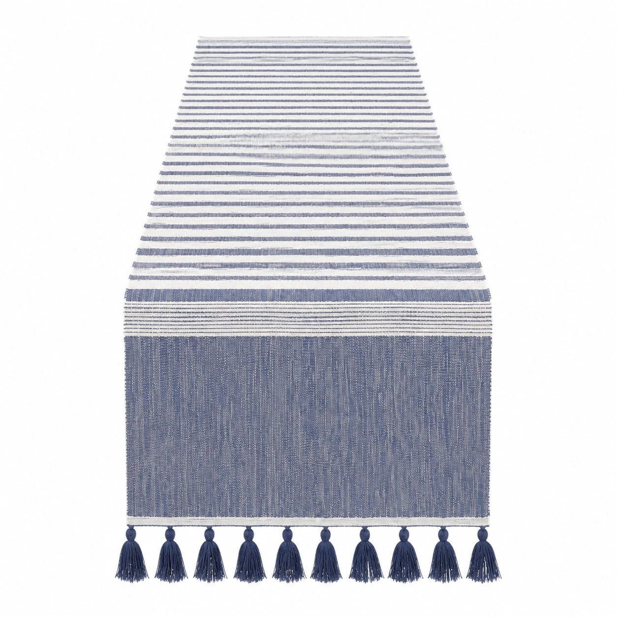 Runner da tavola 180 x 40 cm in cotone blu e bianco a righe con nappe