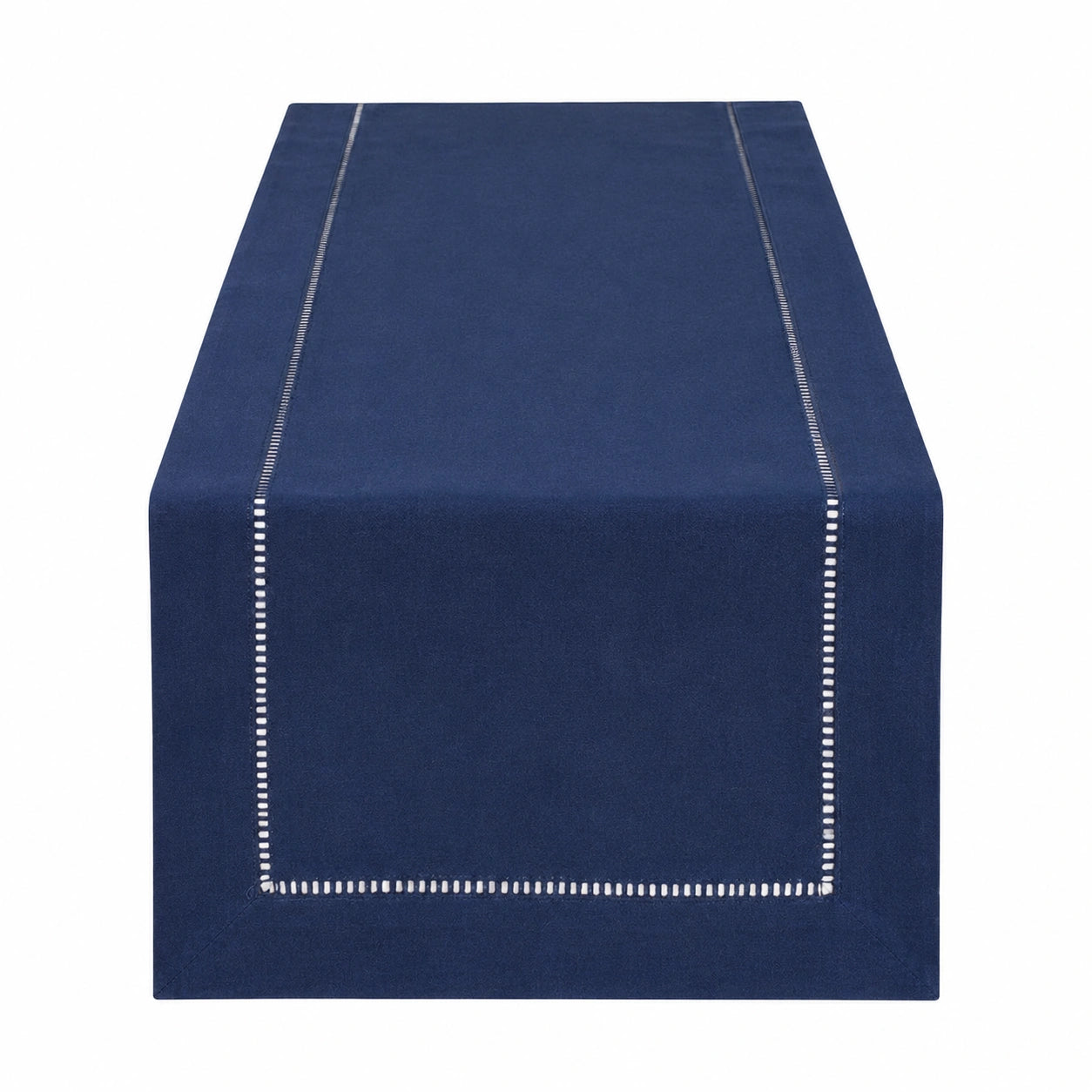 Runner da tavola 180 x 35 cm in tessuto blu navy con bordi decorativi stile moderno