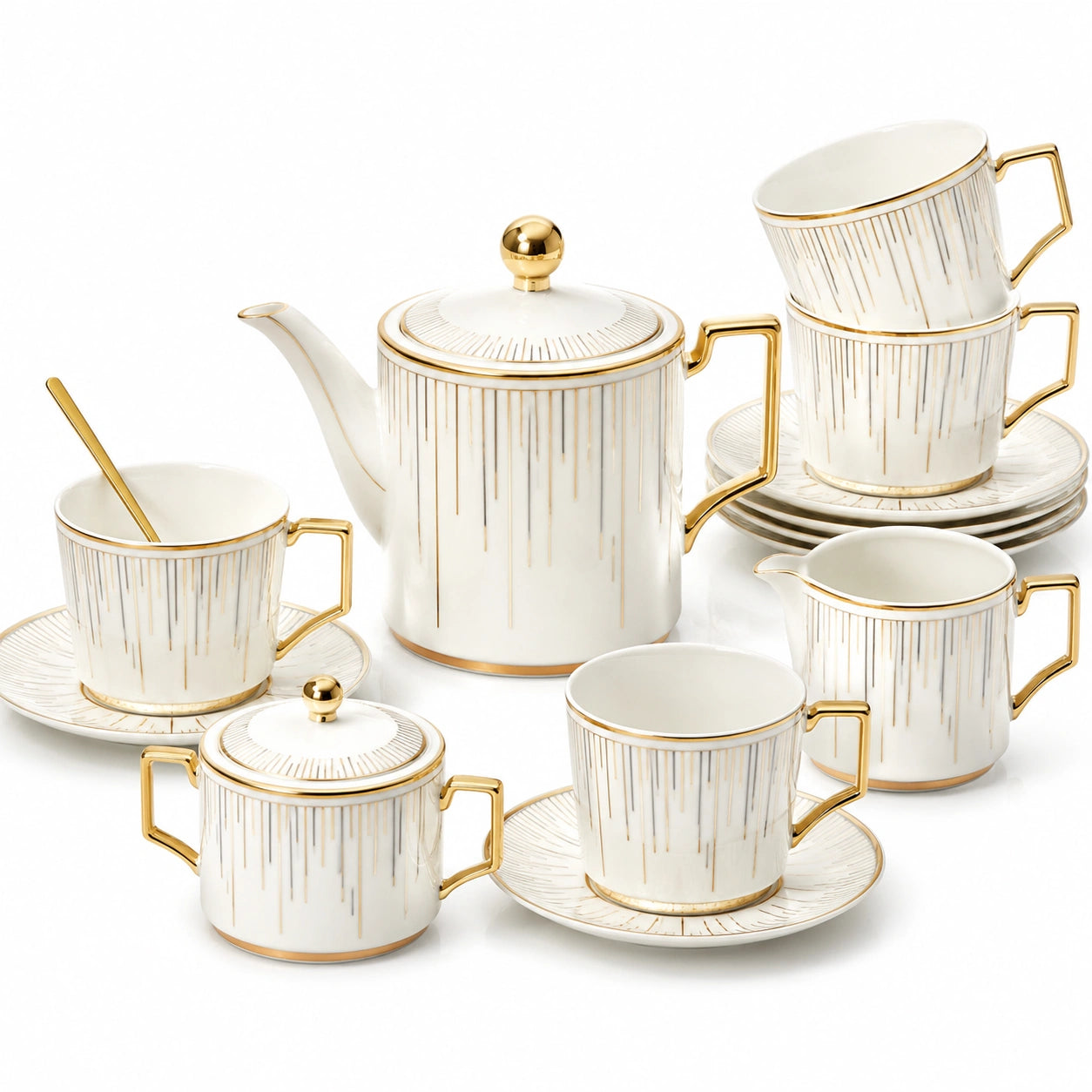 Servizio da tè in porcellana 4 persone bianco e oro con teiera 1200 ml stile elegante