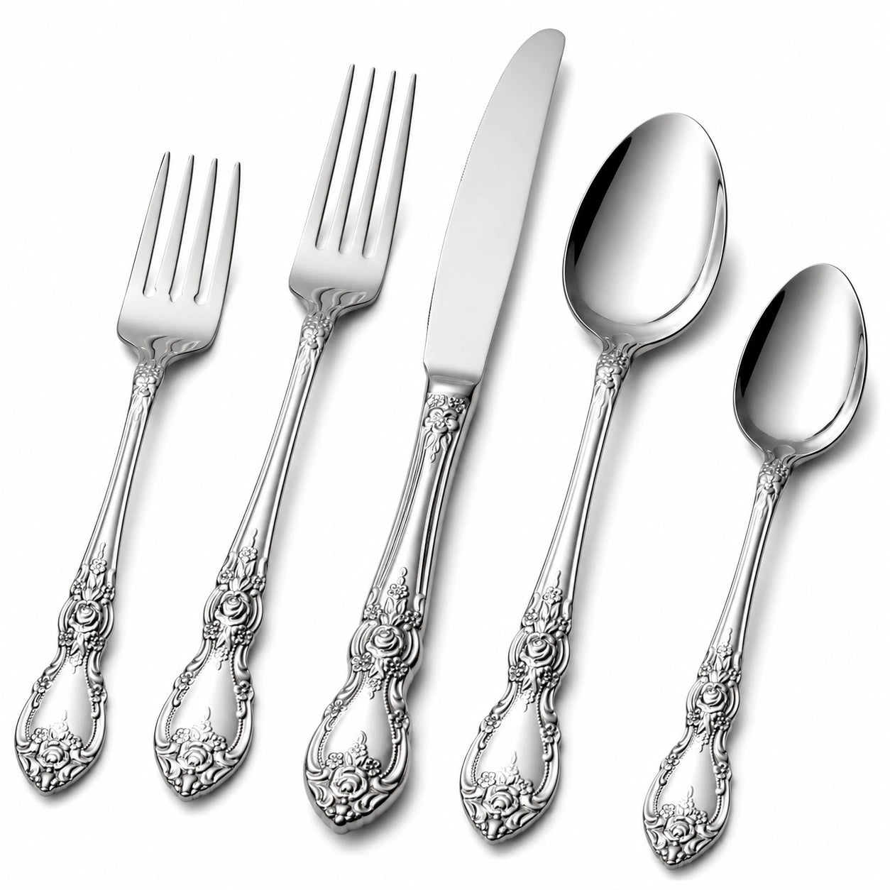 Set posate da tavola 5 pezzi 14-23 cm in acciaio inox argento con decoro floreale