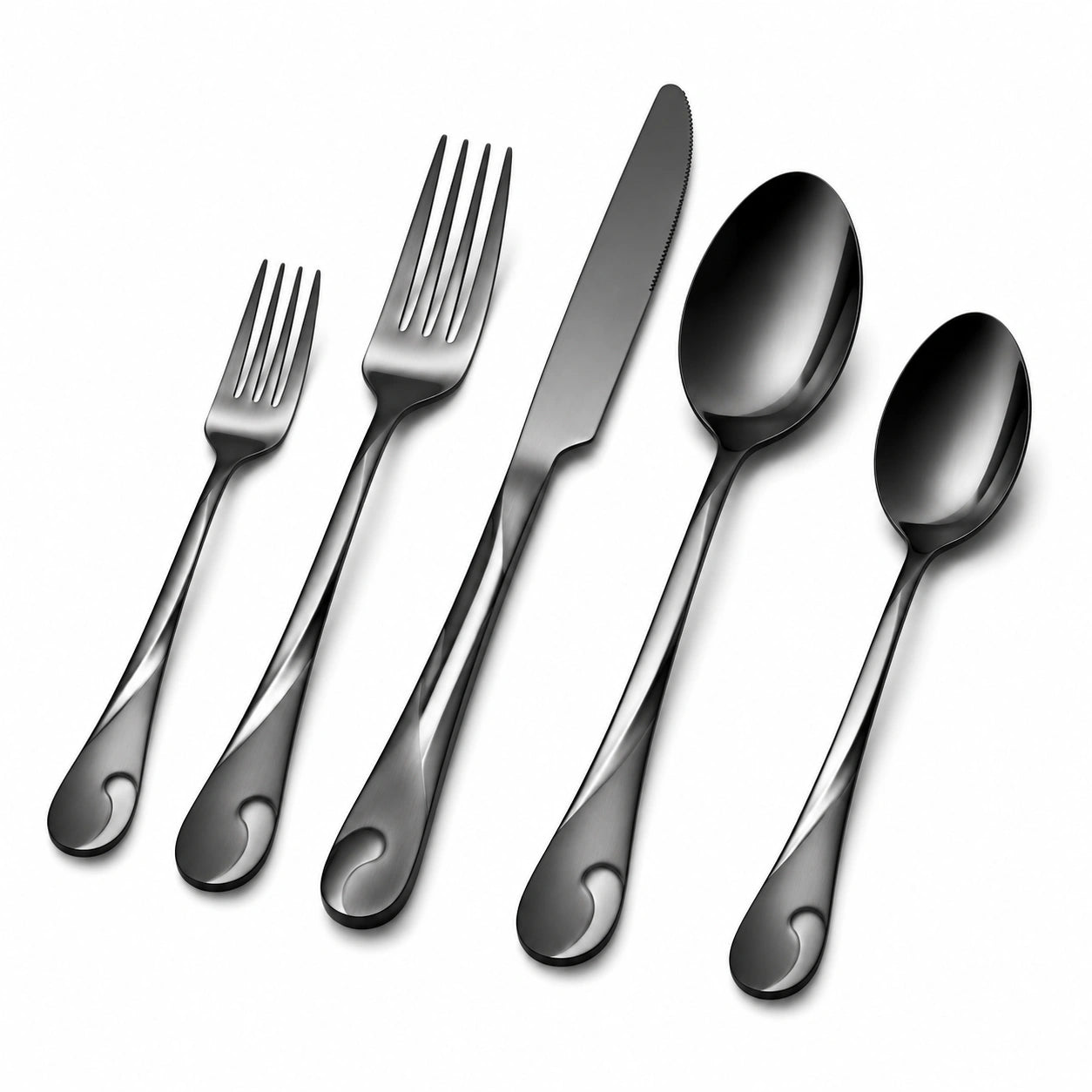 Set di posate 5 pezzi in acciaio inox nero - forchette coltello e cucchiai lucidi