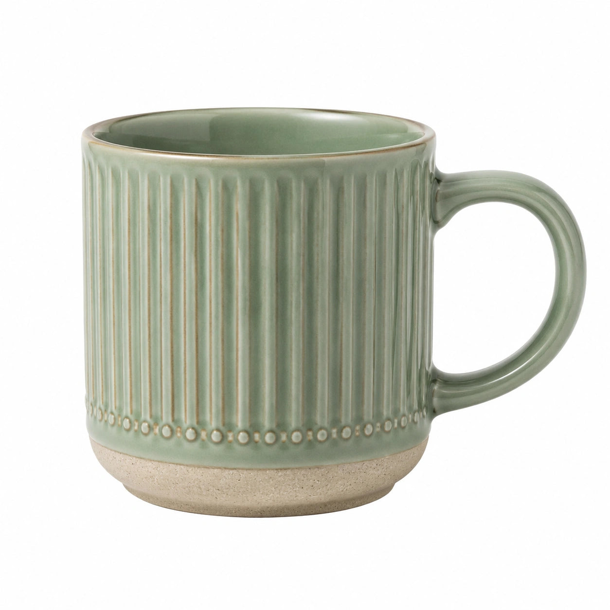 Tazza in ceramica 400 ml verde salvia con manico e superficie scanalata