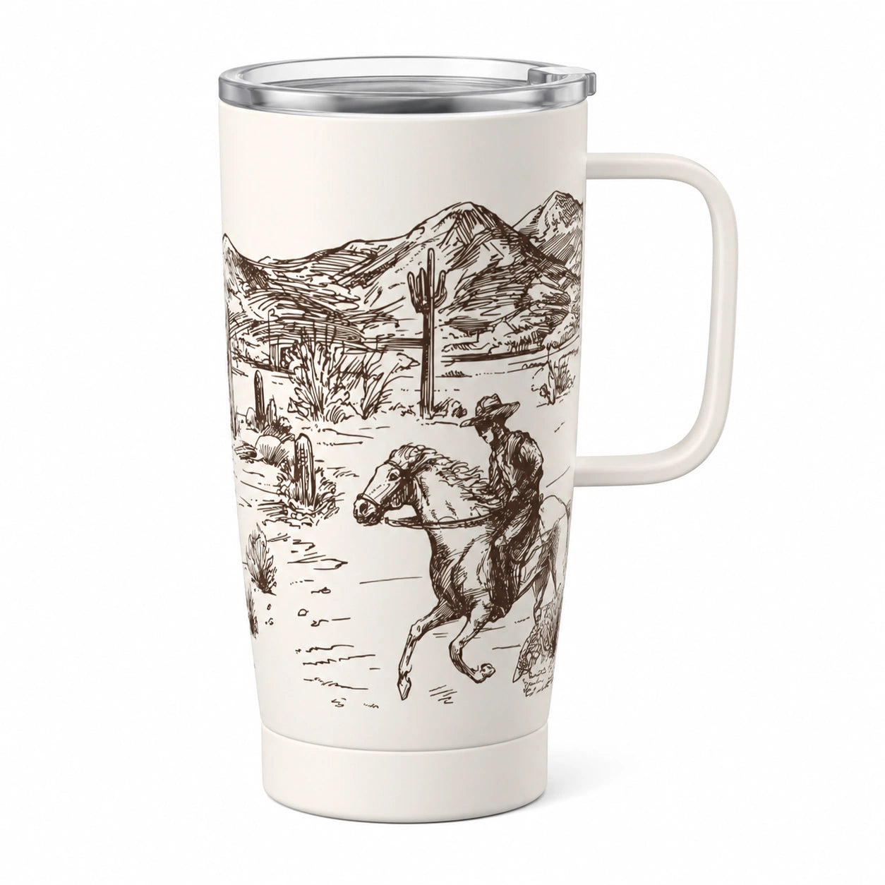 Tazza da viaggio 450 ml in ceramica bianca con coperchio e manico - motivo western