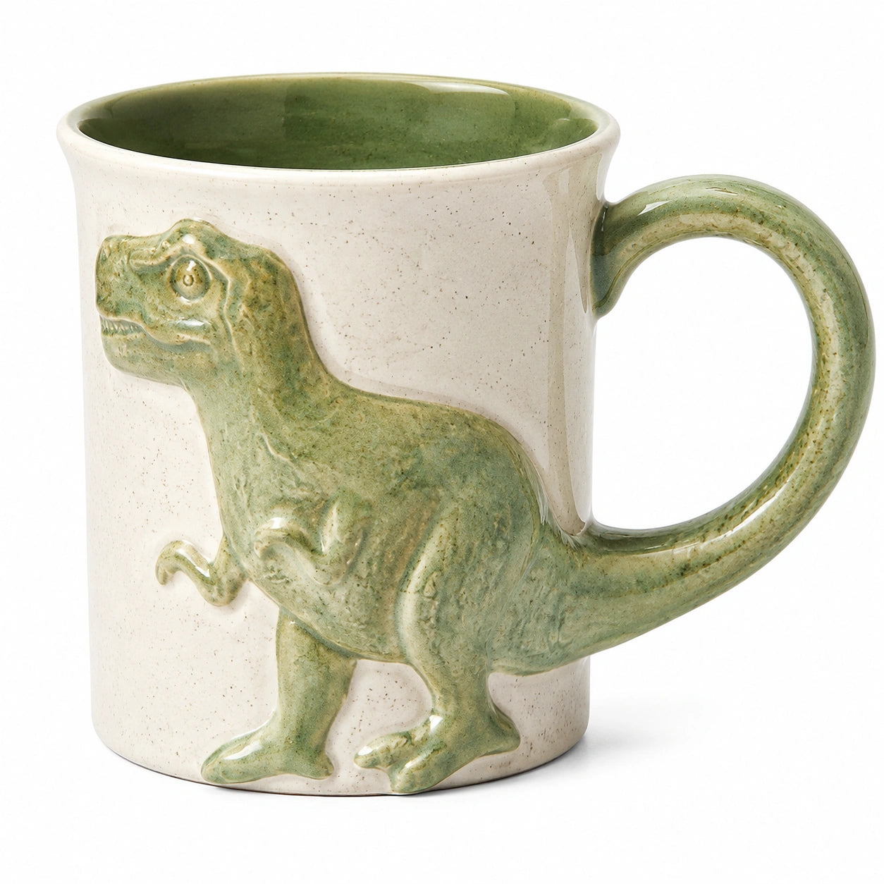 Tazza in ceramica 11 x 8 x 10 cm beige e verde con dinosauro in rilievo