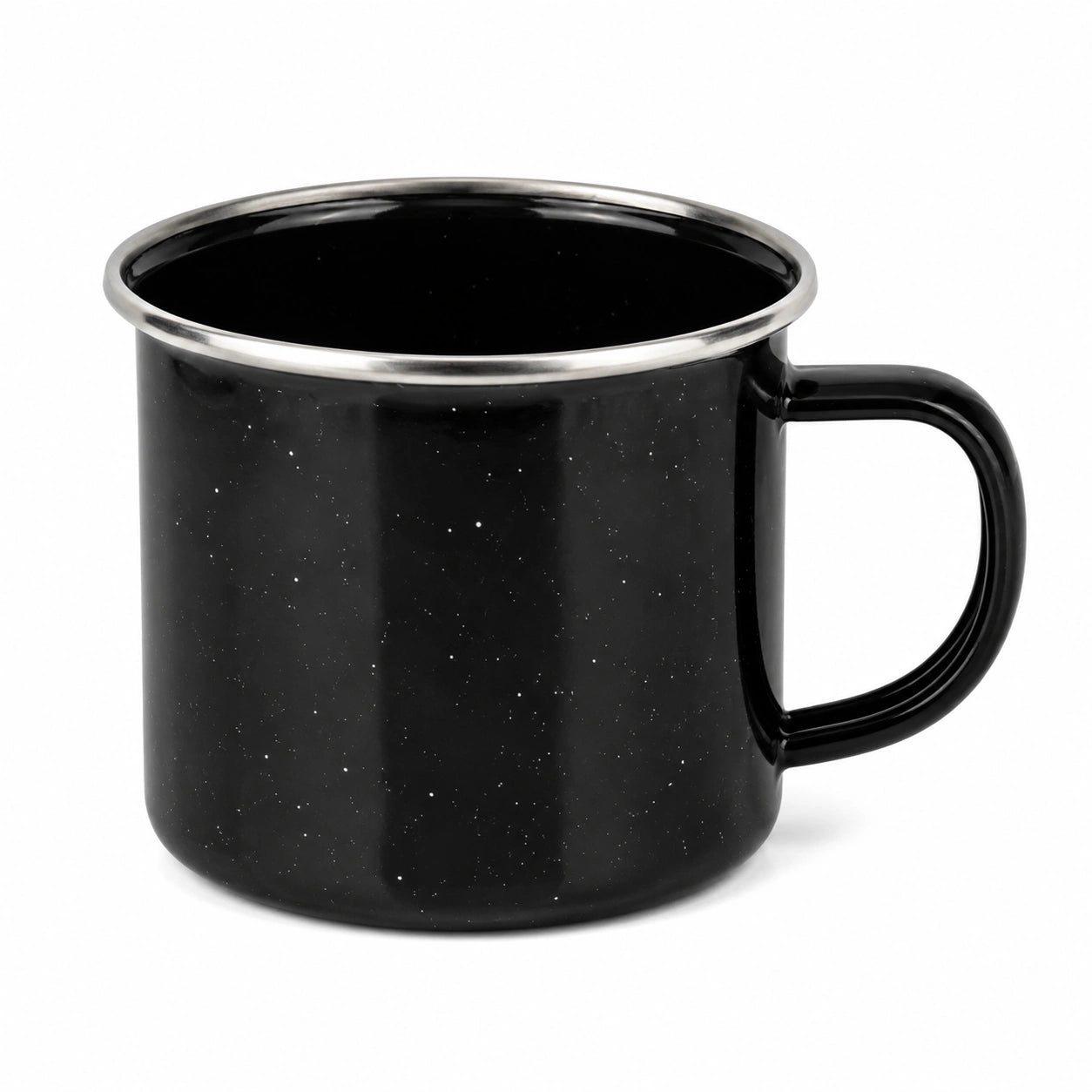 Tazza smaltata 500 ml nera con bordo metallico - stile campeggio